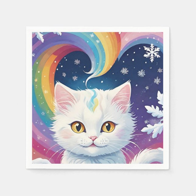 Cute White Snow Christmas Cat Napkin (Front)