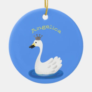 Cute white swan with crown cartoon ceramic ornament