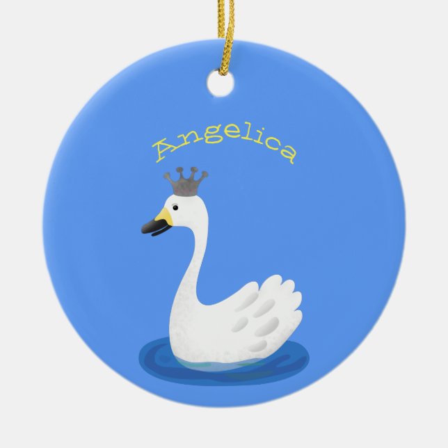 Cute white swan with crown cartoon ceramic ornament (Front)