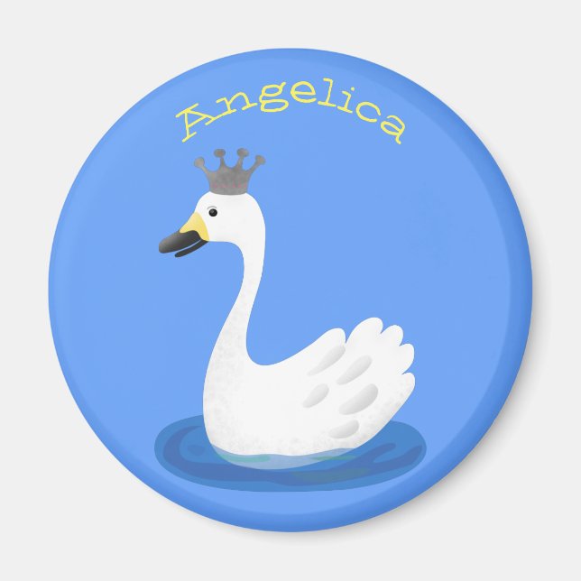 Cute white swan with crown cartoon magnet (Front)
