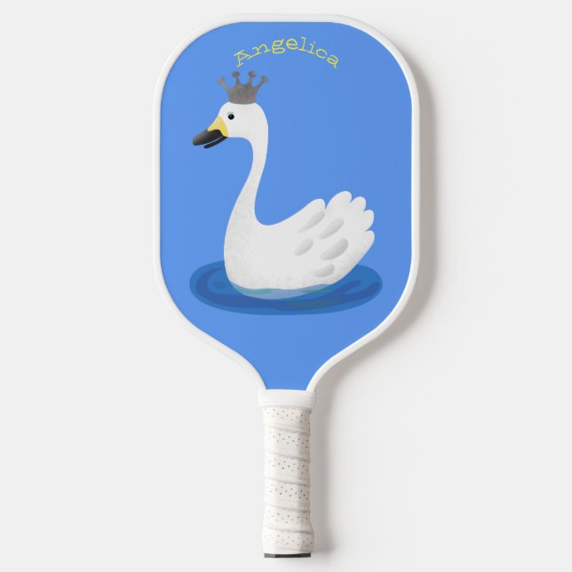 Cute white swan with crown cartoon pickleball paddle (Front)