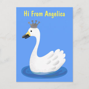 Cute white swan with crown cartoon postcard