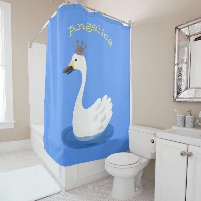 Cute white swan with crown cartoon shower curtain (In Situ)