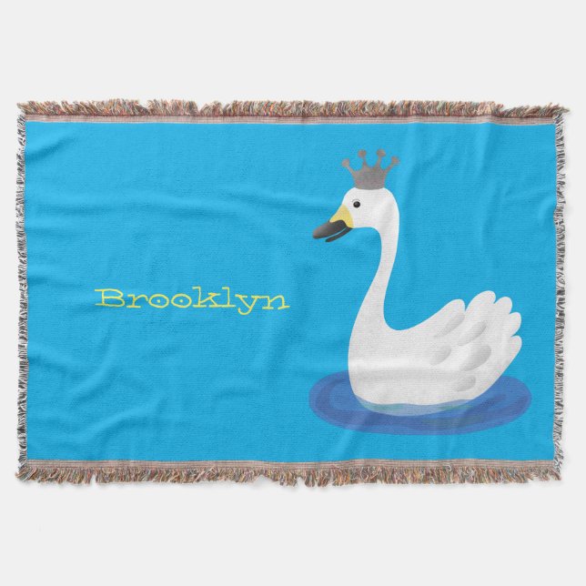 Cute white swan with crown cartoon throw blanket (Front)