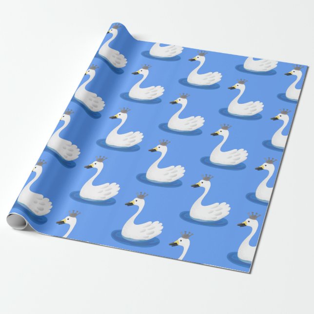 Cute white swan with crown cartoon wrapping paper (Unrolled)