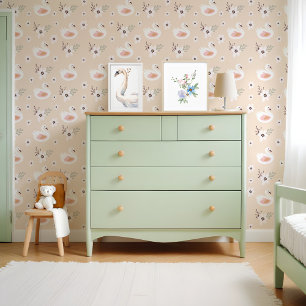 Cute White Swans Floral Blossom Nursary Pattern Wallpaper