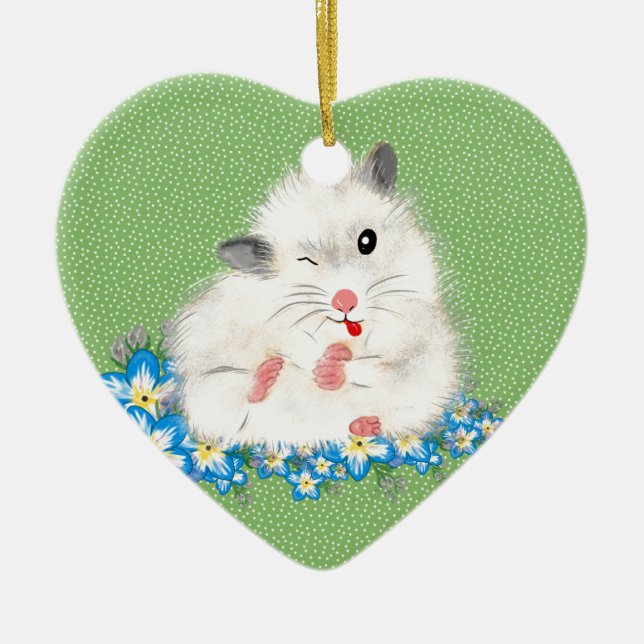 Cute white Syrian hamster accessories, green polka Ceramic Ornament (Front)