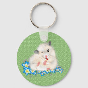 Cute white Syrian hamster accessories, green polka Key Ring
