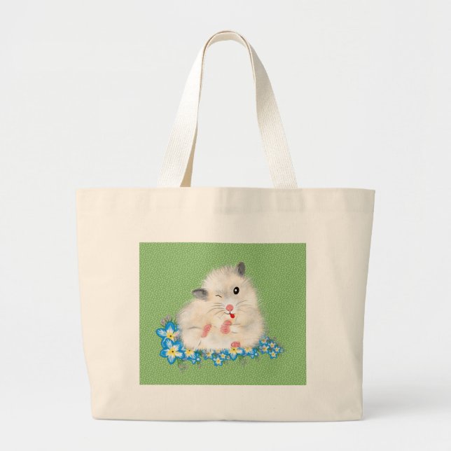 Cute white Syrian hamster accessories, green polka Large Tote Bag (Front)