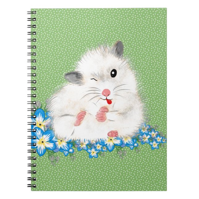 Cute white Syrian hamster accessories, green polka Notebook (Front)