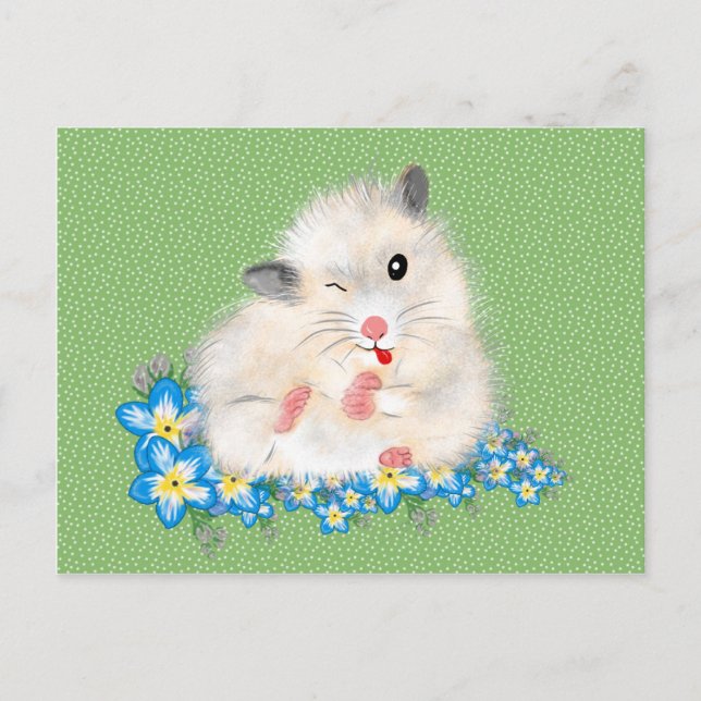 Cute white Syrian hamster accessories, green polka Postcard (Front)