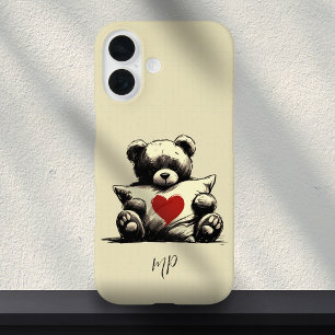 Cute White Teddy Bear Hug Pillow Heart Monogram  iPhone 16 Case