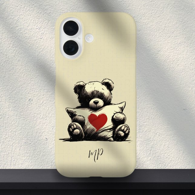 Cute White Teddy Bear Hug Pillow Heart Monogram  Case-Mate iPhone Case (Creator Uploaded)