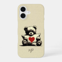 Cute White Teddy Bear Hug Pillow Heart Monogram