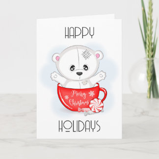 Cute White Teddy Bear in Xmas Mug Holiday Card