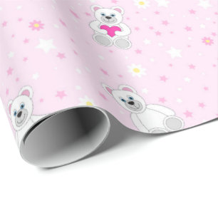 Cute White Teddy Bear Pink Baby Shower Pattern Wrapping Paper