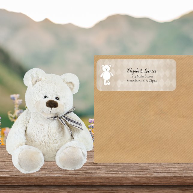 Cute White Teddy Bear Return Address | Tan Label (Creator Uploaded)