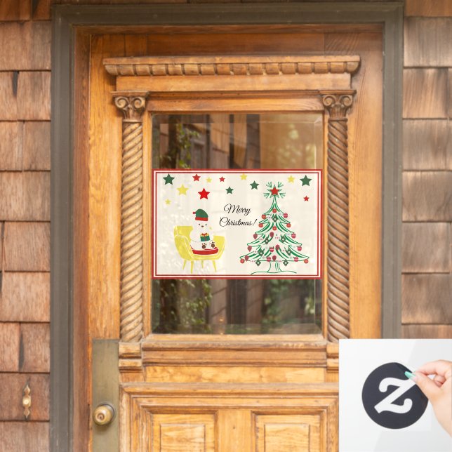 Cute White Teddy Bear Tree Stars Merry Christmas (Home Door)