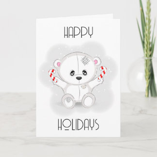 Cute White Teddy Bear with Candy Canes Holiday Card