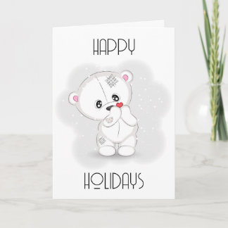 Cute White Teddy Bear with Little Heart Holiday Card