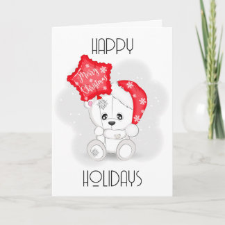 Cute White Teddy Bear with Xmas Balloon Holiday Card
