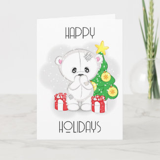 Cute White Teddy Bear with Xmas Tree Holiday Card