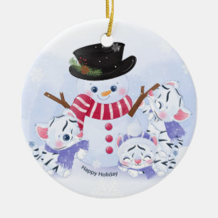 Cute White Tiger Cubs and Snowman Ceramic Ornament