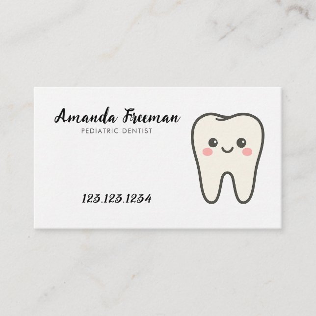 Cute White Tooth Paediatrics Dentist Appointment Card (Front)