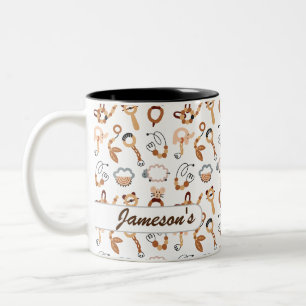 Cute White Toy Boho Pattern Illustration Name Two-Tone Coffee Mug