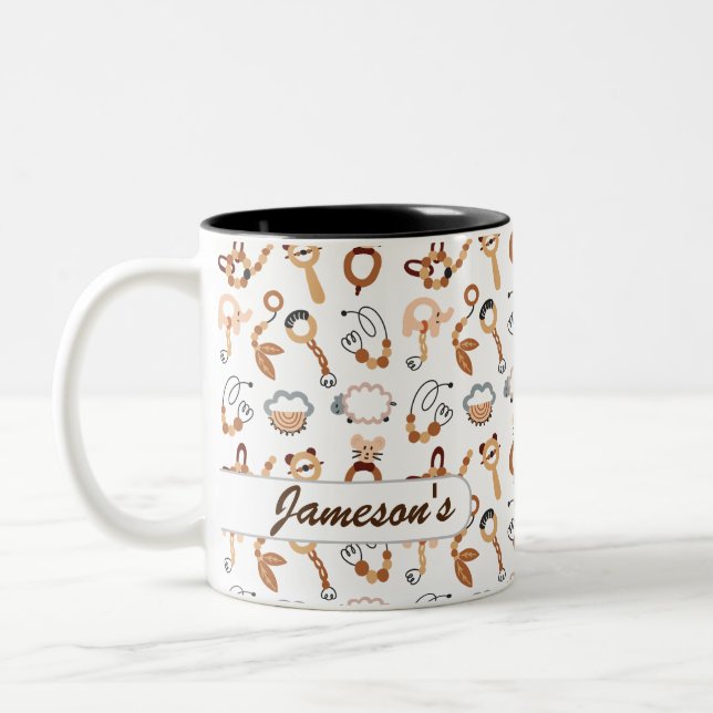 Cute White Toy Boho Pattern Illustration Name Two-Tone Coffee Mug (Left)