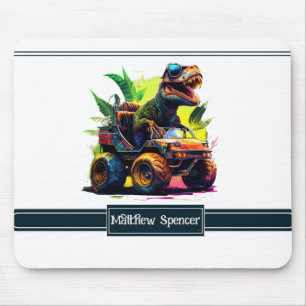 Cute White Trex Riding Monster Truck Dinosaur Name Mouse Pad