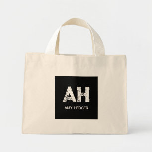 CUTE WHITE TWO LETTER MONOGRAM NAME NATURAL BLACK MINI TOTE BAG