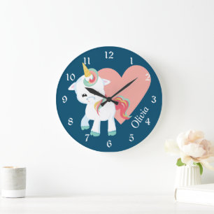 Cute White Unicorn Pink Heart Personalised Nursery Large Clock