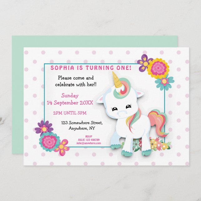 Cute White Unicorn Pink Polka Dots First Birthday Invitation (Front/Back)