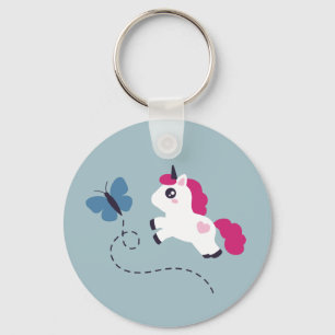 Cute White Unicorn with a Butterfly Key Ring