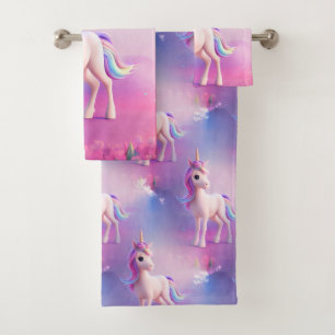 Cute White Unicorn With Pink & Blue Mane Bath Towel Set