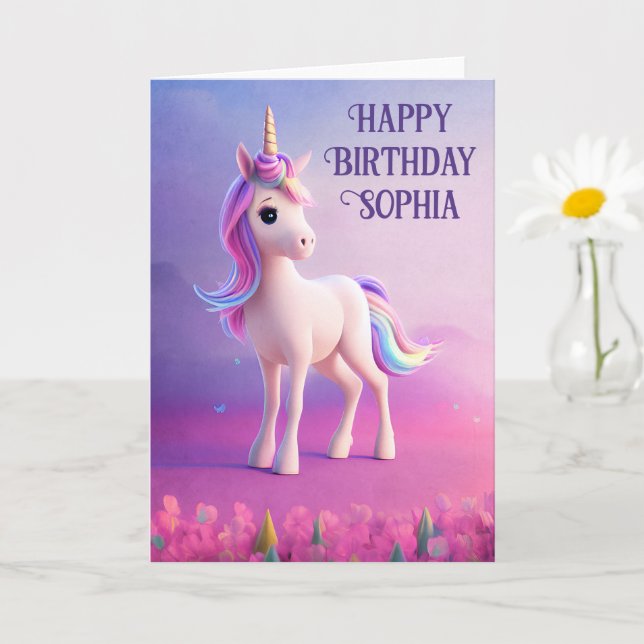 Cute White Unicorn With Pink & Blue Mane Card (Small Plant)