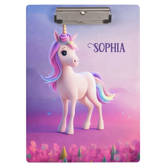 Cute White Unicorn With Pink & Blue Mane Clipboard (Front)