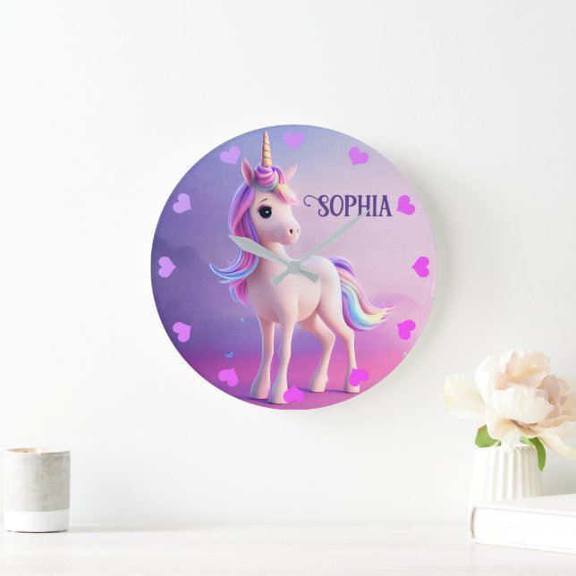 Cute White Unicorn With Pink & Blue Mane Large Clock (Home)