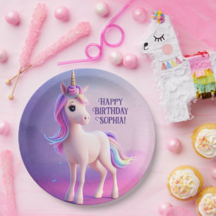 Cute White Unicorn With Pink & Blue Mane Paper Plate