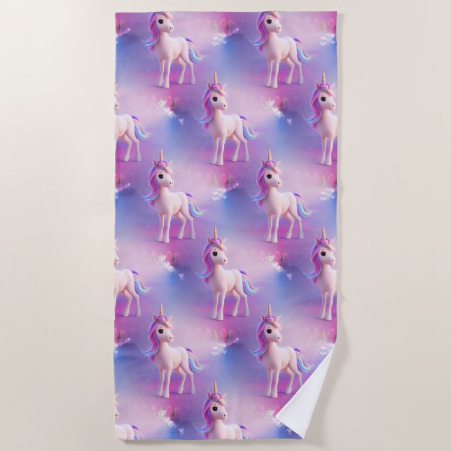 Cute White Unicorn With Pink & Blue Mane Pattern Beach Towel (Front)