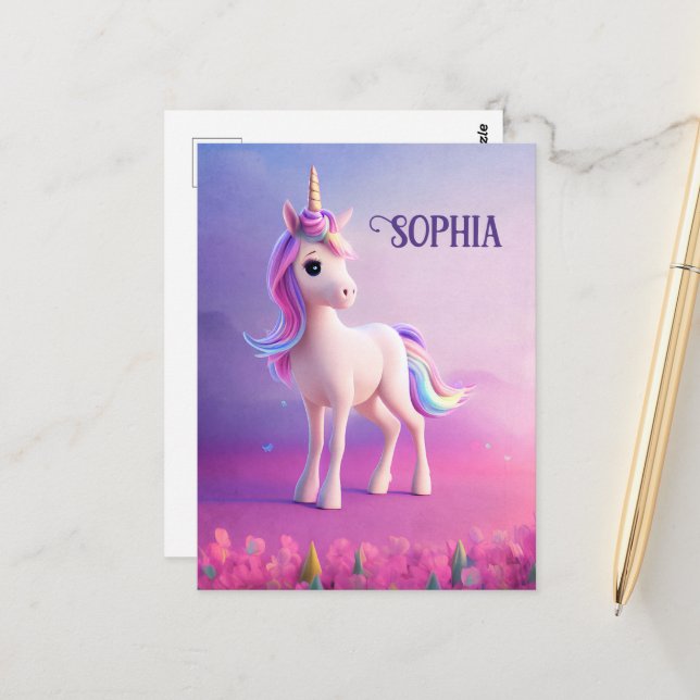Cute White Unicorn With Pink & Blue Mane Postcard (Front/Back In Situ)