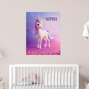 Cute White Unicorn With Pink & Blue Mane Poster