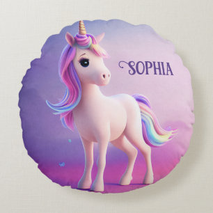 Cute White Unicorn With Pink & Blue Mane Round Cushion