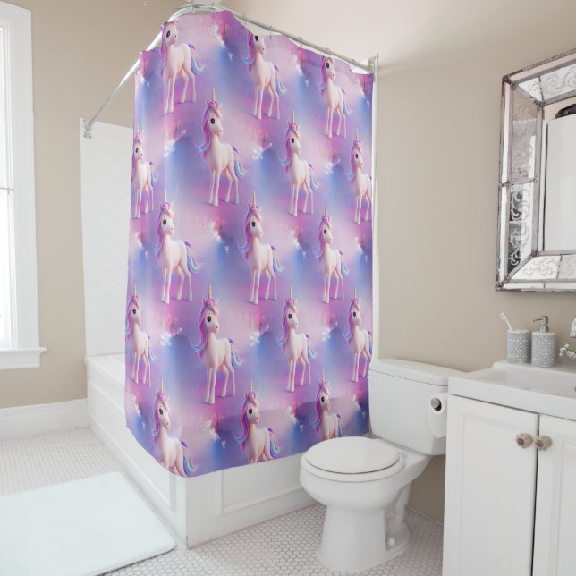 Cute White Unicorn With Pink & Blue Mane Shower Curtain (In Situ)