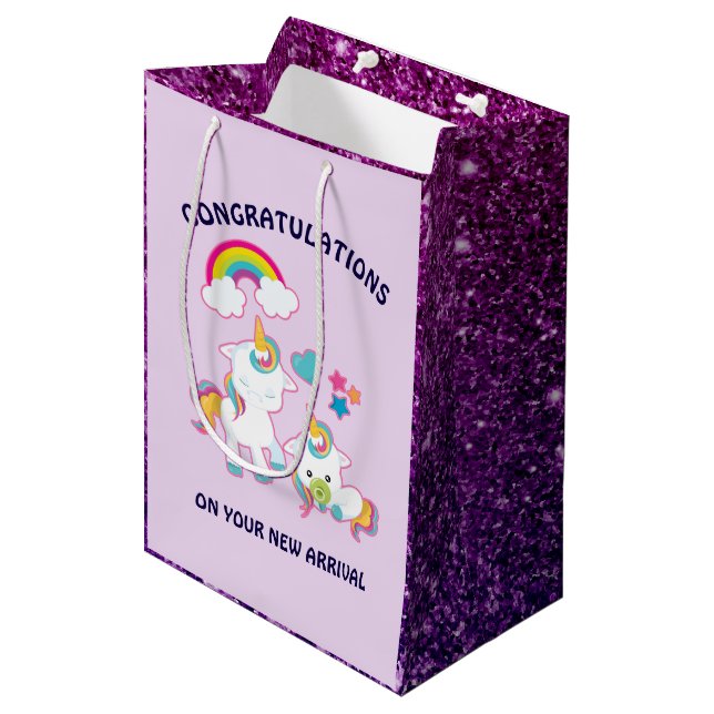 Cute White Unicorns Magical Mama & Baby Congrats Medium Gift Bag (Front Angled)