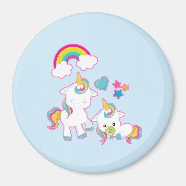 Cute White Unicorns Magical Mama & Baby Magnet (Front)