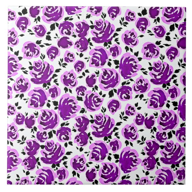 Cute white violet roses patterns ceramic tile (Front)