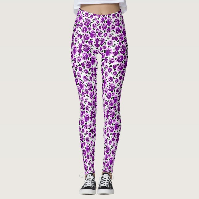 Cute white violet roses patterns leggings (Front)
