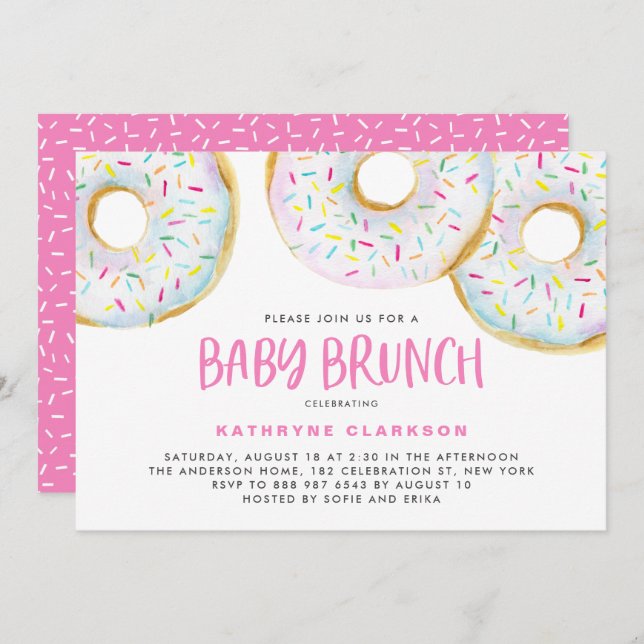 Cute White Watercolor Doughnuts Baby Shower Brunch Invitation (Front/Back)